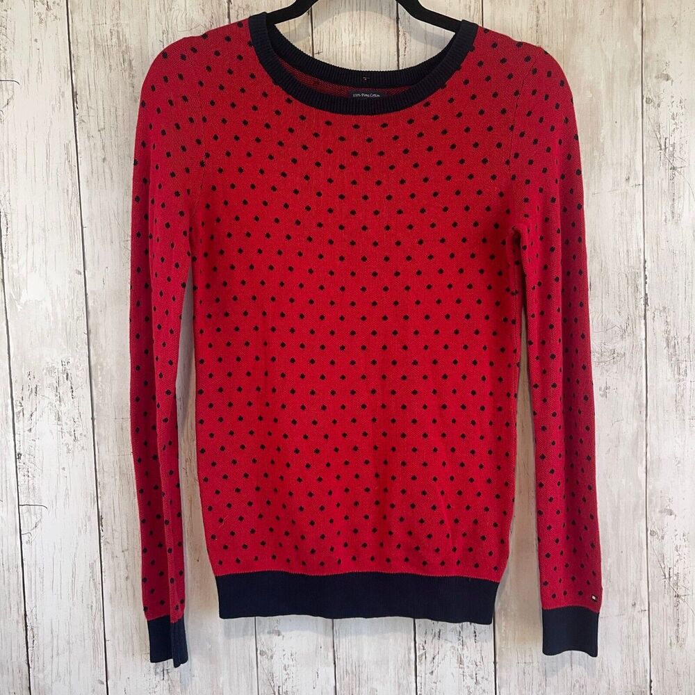 Tommy Hilfiger Sweater Womens Small Red Navy Polka Dot Pima Cotton Preppy‎ Nerdy